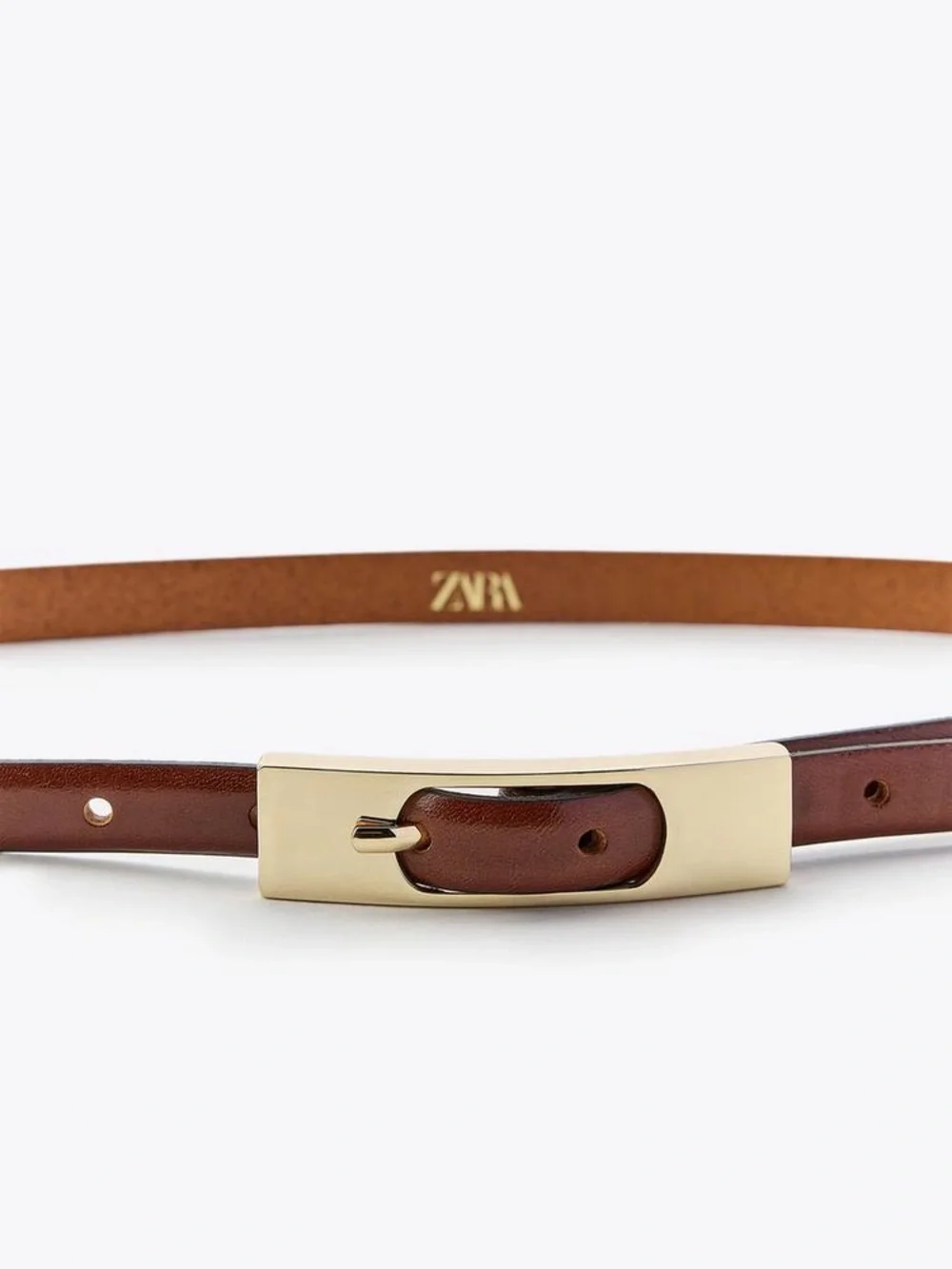 NWT. Zara Brown 100% Leather Thin Belt with Metal Rectangular Buckle. Size 30.